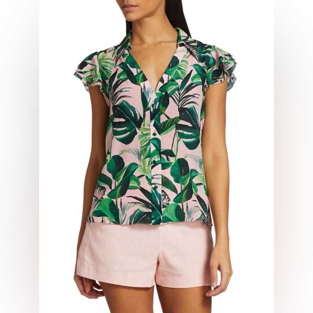Alice + Olivia Randa Tropical Ruffle-Sleeve Top